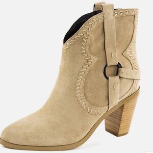 Rebecca Minkoff Cara Tan Taupe Cowboy Western Ankle Boots Suede Leather Size 8.5